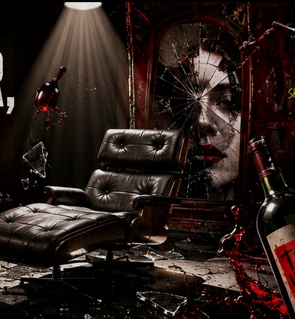 Decorative shock-art collage with leather chair and broken mirror