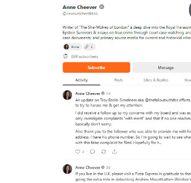 Later public Anne Cheever post discussing Troy's address and phone number